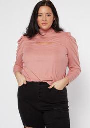 Plus Pink Puff Sleeve Mock Neck Cutout Top