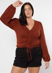 Plus Burnt Red Ruched Drawstring Top