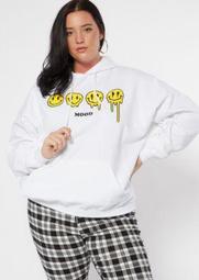 Plus White Drippy Smiley Face Mood Graphic Hoodie