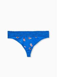 Blue Watercolor Gems Wide Lace Cotton Thong Panty