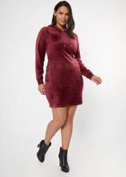 Plus Burgundy Velour Lace Up Side Hoodie Dress