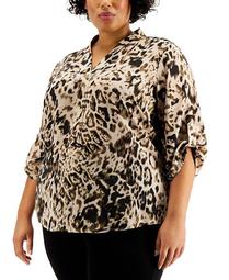 Plus Size Pleated-Trim Roll-Sleeve Top