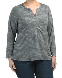 Plus Button Front Camo Top With Roll Tab Sleeve