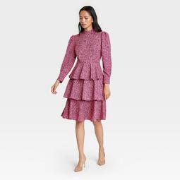 Women's Leopard Print Puff Long Sleeve A-Line Dress - Who What Wear™ Pink 