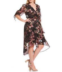 Plus Size Floral Print Chiffon 3/4 Sleeve Hi-Low Faux Wrap Midi Dress