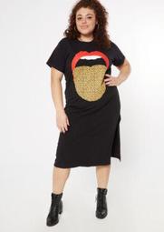 Plus Black Leopard Print Tongue Graphic T-Shirt Dress