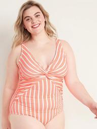 Striped Secret-Slim Twist-Front Plus-Size One-Piece Swimsuit 