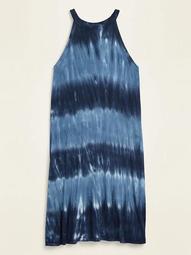 High-Neck Sleeveless Tie-Dye Plus-Size Swing Dress