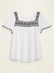 Embroidered-Yoke Square-Neck Plus-Size Top