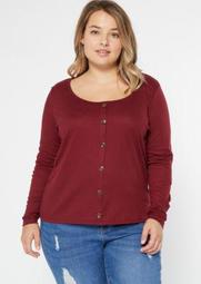 Plus Burgundy Button Front Ribbed Knit Top