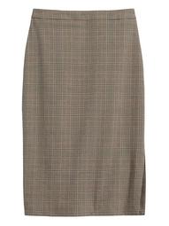 Plaid Cotton-Wool Blend Pencil Skirt with Side Slit