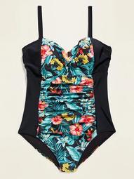 Floral Print-Block Secret-Slim Underwire Plus-Size One-Piece Swimsuit