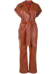leather belted short-sleeve jumpsuit