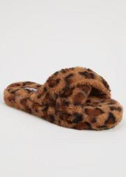 Leopard Print Pink Faux Fur X Band Slippers