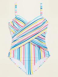 Multi-Stripe Wrap-Front Secret-Slim Underwire Plus-Size One-Piece Swimsuit