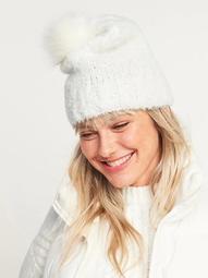Cozy Bouclé Faux-Fur Pom-Pom Beanie Hat for Women