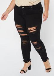 Plus Black Destructed Cuffed Mid Rise Skinny Jeans