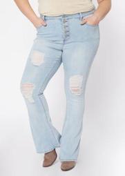 Plus Light Wash Exposed Button Ripped Flare Jeans