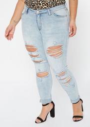 Plus Light Wash Destructed Cuffed Mid Rise Skinny Jeans