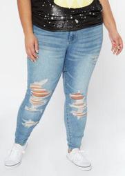 Plus Light Wash Ripped Knee Mid Rise Skinny Jeans