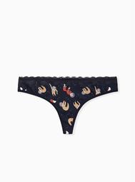 Navy Astronaut Animals Wide Lace Cotton Thong Panty