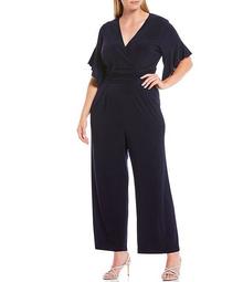 Plus Size Surplice V-Neck Butterfly Sleeve Ruched Waist Jumpsuit