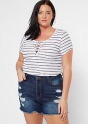 Plus White Stripe Grommet Lace Up Super Soft Ribbed Knit Tee