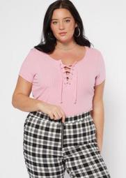 Plus Pink Lace Up Super Soft Ribbed Knit Tee