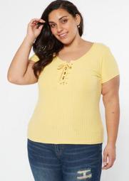 Plus Yellow Lace Up Super Soft Ribbed Knit Tee