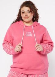 Plus Neon Pink Stay Away Flame Embroidered Hoodie