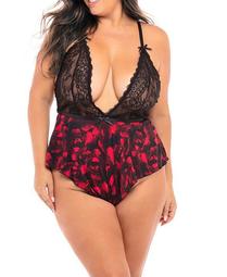 Women's Plus Size Lace Romper with Deep Plunge Neckline and Printed Bottom Set