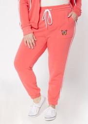 Plus Coral Embroidered Butterfly Side Striped Joggers