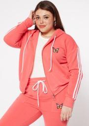 Plus Coral Butterfly Side Striped Zip Up Hoodie