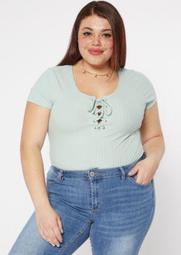 Plus Mint Green Lace Up Super Soft Ribbed Knit Tee