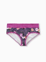 Grey & Pink Floral Wide Lace Cotton Cheeky Panty