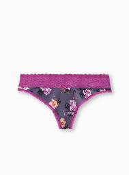 Grey & Pink Floral Wide Lace Cotton Thong Panty