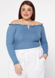 Plus Blue Ribbed Off The Shoulder Wire Notch Bodysuit