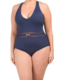 Plus Mesh Belted One-piece Swimsuit