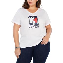 TOMMY HILFIGER Womens Black Logo Short Sleeve V Neck T-Shirt Top Plus  Size: 2X