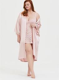 Light Pink Satin & Lace Trim Self-Tie Long Robe