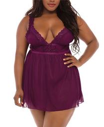 Plus Size Mesh and Lace Frame Babydoll 2pc Lingerie Set