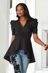 High-Low Ruched Covered Button Top