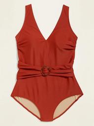 Textured Belted O-Ring Secret-Slim Plus-Size One-Piece Swimsuit