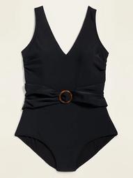 Belted O-Ring Secret-Slim Plus-Size One-Piece Swimsuit