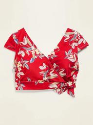 Floral Wrap-Front Cap-Sleeve Plus-Size Swim Top