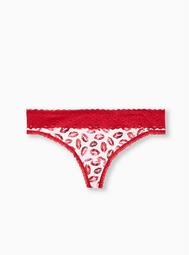 White & Red Lips Wide Lace Cotton Thong Panty