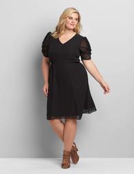 Chiffon Ruched-Sleeve Fit & Flare Dress