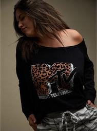 MTV Leopard & Black Terry Off Shoulder Sweatshirt