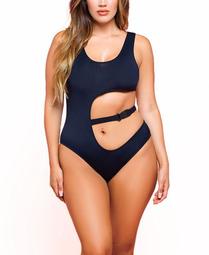 Women's Katlyn One Piece Plus Size Microfiber Bodysuit with Belted Cut Out Waist