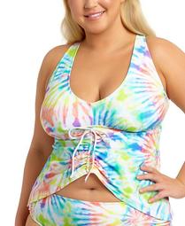 California Waves Trendy Plus Size Tie-Dye Printed Ruched Tankini Top, Created for Macy's